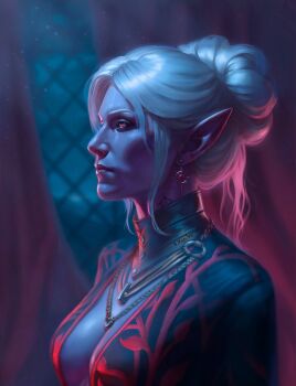 Rule 34 | 1girl, alternate costume, artist name, backlighting, baldur's gate, baldur's gate 3, black jacket, blurry, blurry background, breasts, cleavage, colored skin, commentary, curtains, dark elf, dungeons & dragons, earrings, elf, english commentary, expressionless, from side, hair bun, highres, jacket, jewelry, looking ahead, minthara, neck tattoo, necklace, night, pointy ears, purple skin, realistic, red eyes, short hair, signature, single hair bun, solo, tattoo, upper body, vagoley, white hair