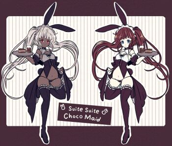 Rule 34 | 2girls, animal ears, armpits, black panties, black thighhighs, black vest, blue eyes, blue vest, brown hair, brown pants, brown thighhighs, cake, cake slice, cleavage cutout, closed mouth, clothing cutout, commentary request, cup, dot mouth, english text, eyebrows hidden by hair, fake animal ears, flat chest, food, frilled thigh strap, from side, full body, grey headdress, hisui (syarute), holding, holding tray, long hair, looking at viewer, multiple girls, navel, original, panties, pants, rabbit ears, red eyes, standing, standing on one leg, stomach, symmetrical pose, thigh strap, thighhighs, tray, twintails, underwear, very long hair, vest, waitress, white hair, white headdress