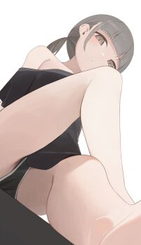 1girl bare_shoulders black_panties black_shirt black_shorts closed_mouth grey_eyes grey_hair highres hiroki_(yyqw7151) looking_at_viewer original panties panties_under_shorts ponytail shirt short_ponytail shorts simple_background solo underwear white_background