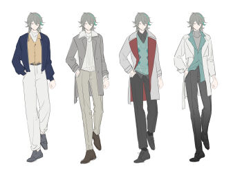 1boy absurdres alternate_costume aqua_vest artist_collaboration black_pants black_shoes blue_jacket brown_shoes closed_eyes closed_mouth coat commentary english_commentary facing_viewer grey_hair grey_pants hand_in_pocket highres honkai_(series) honkai_impact_3rd jacket long_hair male_focus multicolored_hair multiple_views pants reference_sheet sang_sha shirt shoes simple_background sketch smile streaked_hair su_(honkai_impact) vest white_background white_coat white_jacket white_pants white_shirt yellow_shirt zelian