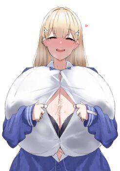 1girl :d absurdres belt_pouch black_bra blonde_hair blue_bow blue_bowtie blue_jacket blush bow bowtie bra bra_peek breasts brown_eyes claw_ring cleavage collared_shirt cum cum_on_body cum_on_breasts cum_on_upper_body gigantic_breasts goddess_of_victory:_nikke hair_ornament heart heart-shaped_pupils highres jacket jewelry long_hair long_sleeves looking_at_viewer multiple_rings noe_(ppppriver) off-shoulder_jacket off_shoulder open_mouth partially_unbuttoned pencil_skirt pouch puffy_sleeves ring saliva shirt simple_background skirt sleeves_past_wrists smile solo strap symbol-shaped_pupils tia_(nikke) underwear white_background white_shirt