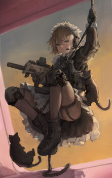 1girl absurdres apron black_gloves blonde_hair blue_eyes boots bullpup cat crossed_legs gloves gun headset highres holding holding_rope holding_weapon knee_pads looking_to_the_side maid maid_apron maid_headdress microphone military military_uniform original panties pantyshot rifle rope ryu7599 sunset suppressor tactical_clothes tactical_maid unconventional_maid underwear weapon window