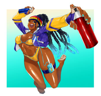 1girl :o aiming aiming_at_viewer alternate_costume aqua_hair arms_up barefoot bikini black_hair braid breasts cleavage curvy dark-skinned_female dark_skin dreadlocks eiji_(eiji) gloves happy highleg highleg_bikini highres jacket jumping kimberly_jackson lips long_hair looking_at_viewer multicolored_hair official_alternate_costume one_eye_closed open_clothes open_jacket open_mouth shiny_skin smile solo street_fighter street_fighter_6 swimsuit tan tanline thong thong_bikini toes wide_hips wink yellow_bikini