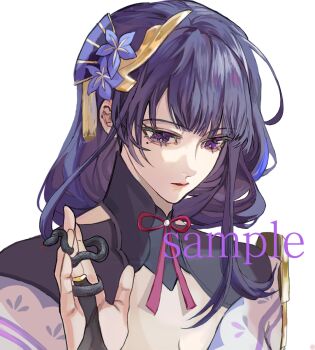 Rule 34 | 1girl, blunt bangs, braid, breasts, bridal gauntlets, chinese commentary, cleavage, close-up, closed mouth, commentary request, english text, expressionless, genshin impact, hair ornament, hand up, highres, image sample, japanese clothes, kimono, leaning forward, liumiao41424, lofter sample, looking down, mole, mole under eye, multicolored eyes, multicolored hair, neck ribbon, purple eyes, purple hair, purple kimono, raiden shogun, red ribbon, ribbon, sample watermark, shade, simple background, single braid, snake, solo, streaked hair, upper body, watermark, white background
