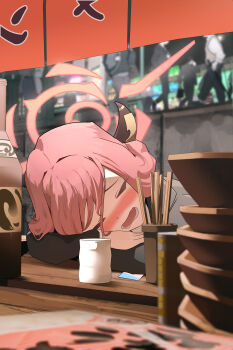 1girl absurdres arms_on_table aru_(blue_archive) blue_archive blush bottle bowl brown_coat brown_horns choko_(cup) chopsticks coat counter cup demon_horns drunk eyelashes fang food_stand halo head_on_arm head_rest highres horns leaning_on_table light_frown long_hair noren open_mouth pink_hair pink_halo ryeon_(naturesan) sake_bottle solo solo_focus table wooden_table yatai