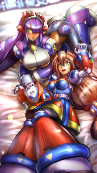 2girls absurdres android bed_sheet blunt_bangs blush breasts brown_hair commentary dark-skinned_female dark_skin dress english_commentary green_eyes hair_between_eyes hair_over_one_eye headset helmet highres huge_filesize iris_(mega_man) large_breasts layer_(mega_man) long_hair low-tied_long_hair medium_breasts mega_man_(series) mega_man_x_(series) minster_(dooke) mole mole_under_eye multiple_girls open_mouth purple_hair robot_ears smile underboob