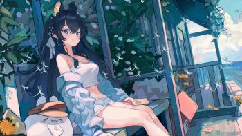 1girl absurdres animal_ears bare_legs bare_shoulders black_hair bloomers blue_cardigan blue_eyes braid breasts brown_hat camisole cardigan commentary flower hair_intakes hair_ribbon hat highres holding holding_letter house indie_virtual_youtuber leaf letter long_hair long_sleeves looking_at_viewer love_letter lying medium_breasts navel necklesslee off_shoulder on_bed open_cardigan open_clothes porch ribbon seol_(teacuppity)_(vtuber) sitting smile solo spaghetti_strap thighs underwear very_long_hair virtual_youtuber white_bloomers white_camisole white_flower white_ribbon window yellow_flower