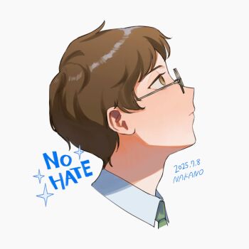 1boy brown_eyes brown_hair commentary_request cropped_head dated english_text from_side glasses green_necktie highres looking_up male_focus nakano_kaworu necktie original signature solo