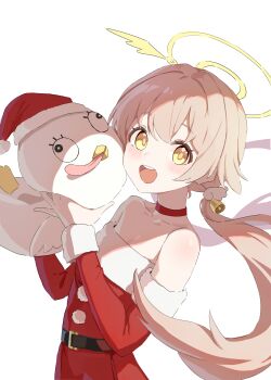 blonde_hair blue_archive brown_hair dress halo hifumi_(blue_archive) looking_at_viewer peroro_(blue_archive) pongdo santa_costume santa_dress simple_background twintails twitter upper_body white_background yellow_eyes