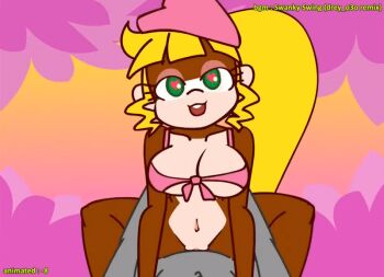 1boy 1girl 2021 20s animated animated_gif big_hair blonde_hair breasts brown_fur cowgirl_position dixie_kong dixie_kong_animation_(minus8) donkey_kong_(series) eyeshadow furry green_eyes hat heart heart-shaped_pupils hetero jungle large_breasts long_hair makeup minuspal monkey monkey_girl nature navel nintendo pink_hat sex straddling symbol-shaped_pupils tagme