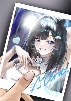 1girl animal_ears antenna_hair arm_behind_head armpits asymmetrical_hair bare_shoulders black_hair blue_eyes blue_headband blush bracelet breasts character_name cleavage_cutout clothing_cutout commentary fish_hair_ornament goddess_of_victory:_nikke grin hair_ornament headband headset heart highres holding holding_photo jewelry jintan0055 large_breasts long_hair looking_at_viewer mint_(nikke) multicolored_nails multiple_bracelets photo_(object) pov pov_hands smile sparkle upper_body very_long_hair