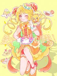 Rule 34 | blonde hair, cure yum-yum, delicious party precure, dress, fairy, food, frilled dress, frilled skirt, frills, hanamichi ran, highres, mem-mem (precure), noodles, one eye closed, precure, ramen, ribbon, shortcake p, shorts, skirt, sleeveless, twintails, yellow background