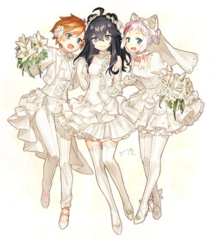 Rule 34 | 3girls, :d, ahoge, animal ears, bare shoulders, black hair, blue eyes, bouquet, closed mouth, cropped jacket, double bun, dress, dress flower, elbow gloves, fake animal ears, fang, flower, formal clothes, full body, gloves, grey eyes, hair between eyes, hair bun, hair flower, hair ornament, hassaku yuzu, high heels, holding hands, izumo kasumi (nijisanji), jacket, long hair, mole, mole under mouth, multicolored hair, multiple girls, nakao azuma, nijisanji, open clothes, open jacket, open mouth, orange hair, pants, puffy short sleeves, puffy sleeves, red hair, rose, sacanahen, short dress, short hair, short sleeves, short twintails, skin fang, smile, standing, streaked hair, suit, suit jacket, thighhighs, twintails, veil, virtual youtuber, white dress, white flower, white footwear, white gloves, white legwear, white pants, white rose, white suit, zettai ryouiki