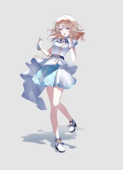 Rule 34 | 1girl, :d, ankle boots, bare arms, bare legs, belt, black belt, black bow, black bowtie, boots, bow, bowtie, breasts, brown hair, buttons, clover brooch, clover hair ornament, commentary, dot nose, double-breasted, fold-over boots, full body, grey background, grey eyes, hair ornament, hanasato minori, hands up, high heels, highres, idol, idol clothes, jacket, johyang e, layered skirt, light blush, looking at viewer, medium breasts, medium hair, open mouth, overskirt, plaid clothes, plaid collar, plaid skirt, project sekai, shadow, short sleeves, sidelocks, simple background, skirt, smile, solo, standing, symbol-only commentary, twitter username, white boots, white jacket, white skirt, white wrist cuffs, wing hair ornament, wrist cuffs