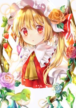 1girl 222neko absurdres alternate_wings ascot bird blonde_hair blue_flower blue_rose blush collared_shirt commentary_request crystal crystal_wings flandre_scarlet flower food frilled_shirt_collar frills fruit green_bird hat hat_flower highres long_hair looking_at_viewer mob_cap multicolored_wings one_side_up open_mouth orange_flower orange_rose puffy_short_sleeves puffy_sleeves purple_flower purple_rose red_eyes red_flower red_rose red_vest rose shirt short_sleeves solo strawberry touhou vest white_hat white_shirt wings yellow_ascot