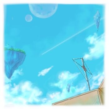 blue_sky border cloud commentary_request floating_gem floating_island lowres no_humans oekaki original radio radio_antenna sky tororo_(16763) white_border