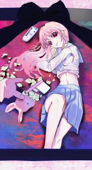 1girl absurdres axe bad_tag funeral highres iruka iruka_no_kasa_(dolphin_diary) mousepad_(object) non-web_source pink_hair red_eyes school_uniform serafuku stuffed_toy tearing_up tongue toy