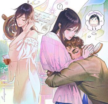 ? arms_around_neck arms_around_waist black_hair blue_skirt blush brown_hair closed_eyes couple cow cup dress eren_yeager facial_scar food grey_eyes grey_sweater hand_in_own_hair hetero holding holding_brush holding_cup hug jewelry lacampanule letter long_hair looking_at_another marshmallow mikasa_ackerman off-shoulder_dress off_shoulder pink_sweater ring scar scar_on_cheek scar_on_face shingeki_no_kyojin shirt short_hair skirt spoken_question_mark sweater white_dress white_shirt