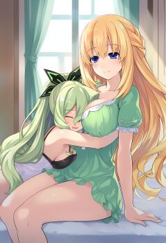2girls absurdres bed blonde_hair blue_eyes breasts choujigen_game_neptune choujigen_game_neptune_mk2 green_hair hakozaki_chika highres hug large_breasts long_hair multiple_girls neptune_(series) non-web_source official_art ponytail sleepwear smile thighs tsunako vert_(neptunia)