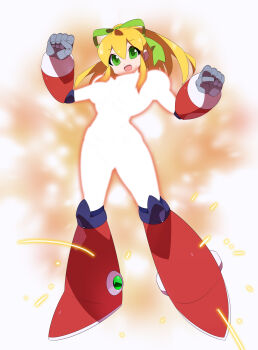 absurdres armor armored_boots armored_gloves arms_up blonde_hair blurry blurry_background boots breasts glowing green_eyes green_ribbon hair_ribbon henshin henshin_pose highres hyper_roll_(marvel_vs._capcom) joints kaidou_zx knee_boots knee_pads large_breasts large_variant_set long_hair looking_at_viewer marvel_vs._capcom mechanical_arms mechanical_boots mechanical_legs mega_man_(classic) mega_man_(series) ponytail red_armor red_boots ribbon robot robot_girl robot_joints roll_(mega_man) shoulder_armor sidelocks simple_background smile sparks transformation variant_set white_background