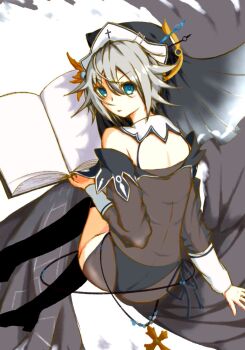 1girl ass blue_eyes book date_a_live highres honjou_nia lilushayo nun panties short_hair solo thighs underwear white_hair