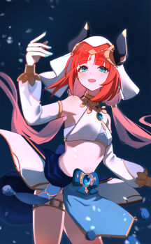 1girl aqua_eyes bare_shoulders black_horns blue_background blue_nails blue_skirt brooch commentary cowboy_shot crop_top detached_sleeves english_commentary fake_horns genshin_impact hand_up harem_outfit highres horns jewelry low_twintails midriff mxsoundtube nilou_(genshin_impact) open_mouth puffy_detached_sleeves puffy_sleeves red_hair skirt smile solo standing thighlet twintails veil white_sleeves white_veil
