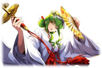 1girl c.c. chihaya_(clothing) code_geass code_geass:_lost_stories commentary_request f4samurai game_cg green_hair hakama hakama_skirt highres japanese_clothes kimono long_hair miko non-web_source official_art red_hakama skirt smile solo white_kimono yellow_eyes