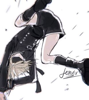 1boy 9s_(nier:automata) 9s_(nier:automata)_(cosplay) arms_behind_head ass black_boots black_jacket black_shorts black_socks blindfold blonde_hair boots cloud_strife cosplay final_fantasy final_fantasy_vii final_fantasy_vii:_ever_crisis hashtag-only_commentary jacket male_focus neverlanded official_alternate_costume short_hair shorts socks solo spiked_hair white_background