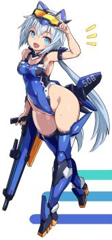 1girl :d adjusting_goggles arm_strap blue_eyes blue_hair blue_one-piece_swimsuit breasts commentary_request covered_navel fang frame_arms_girl full_body goggles goggles_on_head groin headgear highleg highleg_one-piece_swimsuit highres holding holding_weapon karukan_(monjya) long_hair looking_at_viewer low_twintails mecha_musume mechanical_legs medium_breasts narrow_waist notice_lines one-piece_swimsuit open_mouth smile solo standing stylet sweat swimsuit twintails very_long_hair weapon wide_hips