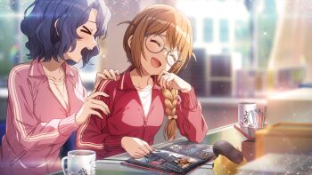 2girls baba_konomi bespectacled blue_hair blurry blurry_background book braid breasts brown_hair coffee coffee_mug commentary_request cup desk game_cg glasses hair_over_shoulder hand_on_another's_arm hand_on_another's_shoulder idolmaster idolmaster_million_live! idolmaster_million_live!_theater_days indoors jacket long_hair mug multiple_girls official_art open_book pink_jacket red_jacket round_eyewear short_hair single_braid third-party_source toyokawa_fuka track_jacket two_side_up wavy_hair
