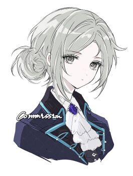 1girl ascot blue_coat blue_gem chinese_commentary coat collared_coat collared_shirt commentary_request commission cropped_shoulders expressionless gem grey_eyes grey_hair hair_bun highres lapels looking_at_viewer no_headwear parted_bangs reverse:1999 shirt sidelocks simple_background single_side_bun solo vertin_(reverse:1999) white_background yuexing_shengbo