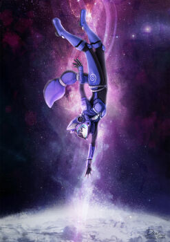 1girl animal_ear_fluff animal_ears animal_nose artist_name belt blue_bodysuit blue_eyes blue_fur blue_hair body_fur bodysuit breasts daniel_tibana female_focus fox_ears fox_girl fox_tail full_body furry furry_female gem helmet highres krystal medium_breasts nintendo parted_lips planet short_hair sidelocks skin_tight snout solo space space_helmet spacesuit star_fox star_fox_assault tail