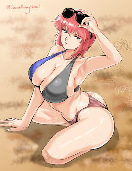1girl ass beach bikini breasts cleavage david_huang eyewear_on_head gundam gundam_zz haman_karn highres large_breasts multicolored_bikini pink_hair purple_eyes sand short_hair sitting solo swimsuit twitter_username wariza