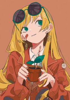 1girl analogous_colors arched_bangs bandaid bandaid_on_cheek bandaid_on_face blonde_hair buttoned_cuffs buttons coat collared_shirt color_contrast colorful daisy_(flower) dot_nose dress_shirt drinking_straw earrings eyelashes eyewear_on_head facing_viewer fingernails flower flower_pot food food-themed_earrings fruit gold_earrings green-framed_eyewear green_eyes hair_behind_ear hair_over_shoulder hands_up head_tilt highres holding holding_flower_pot jewelry lapels light_smile long_eyelashes long_hair looking_to_the_side notched_lapels orange_(fruit) orange_background orange_slice original parted_lips plant plant_roots red_coat red_nails round_eyewear shirt sidelocks sideways_glance simple_background soil solo sunglasses swept_bangs tareme trench_coat tsukii_(t_s_u_k_i_i) upper_body very_long_hair wavy_hair white_flower white_shirt