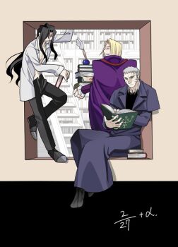 3boys akariya_kuubu black_coat black_hair black_pants black_shoes blonde_hair book bookshelf cape coat collared_shirt curtained_hair formal_clothes frilled_sleeves frills grey_eyes grey_hair hair_over_one_eye holding holding_book long_coat long_hair male_focus medium_hair melty_blood michael_roa_valdamjong multiple_boys night_of_wallachia nrvnqsr_chaos open_fly pale_skin pants pile_of_books purple_cape reading shirt shoes sitting smile stairs trench_coat tsukihime vampire wavy_hair white_shirt