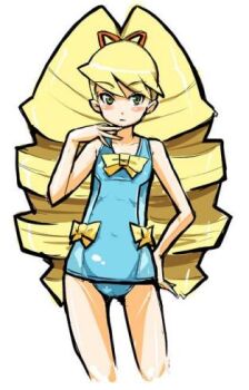 1girl bad_id blonde_hair blue_one-piece_swimsuit blush bow drill_hair green_eyes hair_bow heriyama long_hair looking_at_viewer lowres luna_platz_(mega_man) mega_man_(series) mega_man_star_force_(series) one-piece_swimsuit simple_background swimsuit twin_drills very_long_hair white_background yellow_bow