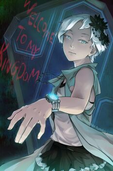 1girl aqua_eyes aqua_jacket black_flower black_skirt bright_pupils closed_mouth commentary english_commentary english_text eyelashes flower glowing hair_flower hair_ornament indoors jacket jewelry kyokugen_dasshutsu kyokugen_dasshutsu_adv:_zennin_shibou_desu merchandise_available necklace open_clothes open_jacket phi_(kyokugen_dasshutsu) shirt short_hair skirt sleeveless sleeveless_jacket sleeveless_shirt solo source_quote tea-and-dreams tumblr_username very_short_hair watch watermark web_address white_hair white_pupils white_shirt wristwatch