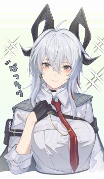 1girl absurdres ahoge arm_pouch armband black_armband black_choker black_eyes black_horns button_gap choker closed_mouth collared_shirt commentary_request cropped_torso curled_horns derivative_work earrings grey_hair hair_between_eyes hand_up highres horns jewelry key_earrings long_hair looking_at_viewer necktie red_necktie screenshot_redraw shirt smile solo sparkle sparkling_aura white_shirt wuthering_waves yumegiwa_(skgl_thx) zani_(wuthering_waves)