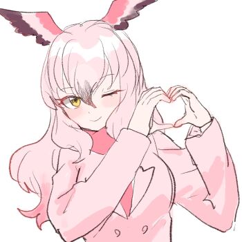 1girl bird_girl bird_wings black_hair blush chicha_(chi_cha_rigbo) greater_flamingo_(kemono_friends) hair_between_eyes head_wings heart heart_hands highres jacket kemono_friends long_hair long_sleeves looking_at_viewer multicolored_hair necktie one_eye_closed pink_hair pink_jacket pink_necktie pink_scarf scarf sidelocks smile solo upper_body wings yellow_eyes