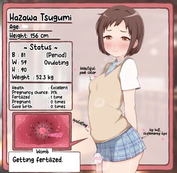 1girl bang_dream! blush brown_hair cellphone cum embarrassed english_text fertilization hard-translated hazawa_tsugumi highres loli ovulation ovum phone plaid_clothes plaid_skirt school_uniform skirt smartphone solo sweater tagme thighs third-party_edit uncensored x-ray