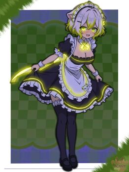 1girl ahoge animal_ears apron black_dress black_shoes breasts checkered_background cleavage dress fawksplays ferret_ears ferret_girl ferret_tail glowing glowing_eyes green_eyes green_hair green_tail highres indie_virtual_youtuber large_breasts limealicious maid maid_apron maid_headdress multicolored_hair open_mouth ribbon shoes short_hair smile thighhighs thighs two-tone_hair vinesauce virtual_youtuber white_hair