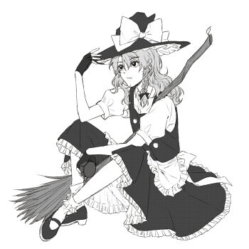 1girl apron bow braid broom chinese_commentary commentary_request fingerless_gloves frilled_skirt frills gloves greyscale hair_bow hat hat_bow hitte5416 kirisame_marisa long_hair mary_janes mini-hakkero monochrome open_mouth puffy_short_sleeves puffy_sleeves shoes short_sleeves side_braid single_braid skirt socks solo touhou witch_hat