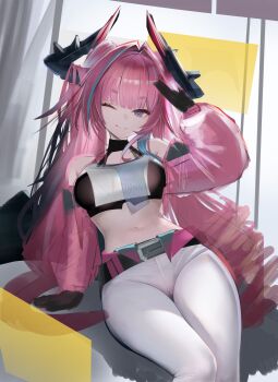 1girl absurdres aqua_streaks arknights arknights:_endfield bare_shoulders belt black_belt black_horns blue_eyes closed_mouth diamond_in_eye feet_out_of_frame gloves hair_on_horn hashtag-only_commentary highres horns ligod looking_at_viewer multicolored_horns navel one_eye_closed pants pink_horns pink_sleeves pink_tube_top salute see-through_clothes see-through_sleeves sitting smile solo stomach strapless tube_top two-tone_horns white_pants yvonne_(arknights)