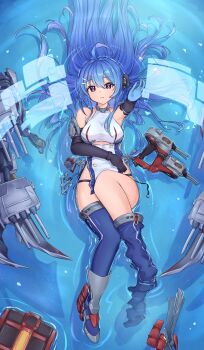 1girl absurdres afloat ahoge azur_lane bare_shoulders blue_hair blue_thighhighs blush boots breasts cleavage commentary dress elbow_gloves english_commentary gloves hair_between_eyes happy_birthday helena_(azur_lane) highres kyl490 long_hair looking_at_viewer medium_breasts ocean purple_eyes rigging ship_turret smile solo thighhighs very_long_hair water