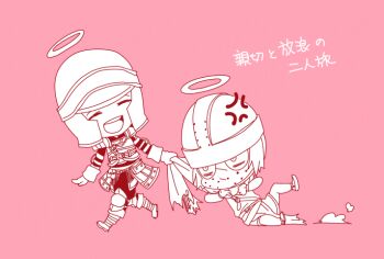 2boys :d anger_vein boots cape cape_grab chibi chibi_only closed_eyes clothes_grab commentary_request creighton_of_mirrah dark_souls_(series) dark_souls_ii dragging full_body halo helmet male_focus mask masked mild_mannered_pate monochrome multiple_boys open_mouth pants pink_theme shirt short_hair simple_background smile suou_yuuchi traditional_halo