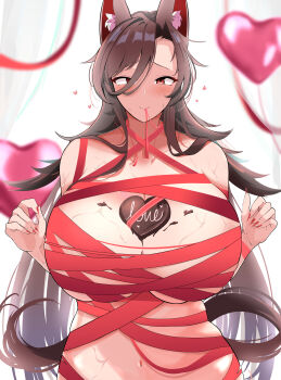 1girl absurdres animal_ear_fluff animal_ears areola_slip balloon blush breasts brown_hair candy chocolate chocolate_heart chocolate_on_body chocolate_on_breasts closed_mouth commentary_request daichia fingernails food food_on_body hair_between_eyes heart heart-shaped_food heart_balloon highres huge_breasts imaizumi_kagerou long_bangs long_hair looking_at_viewer naked_ribbon navel parted_bangs red_eyes red_nails ribbon sharp_fingernails smile solo sweat tail tail_wagging touhou upper_body very_long_hair white_background wolf_ears wolf_girl wolf_tail