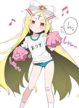 1girl bandaid bandaid_on_knee bandaid_on_leg blonde_hair bloomers blush closed_mouth facial_mark flat_chest forehead_mark gluteal_fold gym_uniform hair_ribbon holding holding_pom_poms large_ribbon loli long_hair looking_at_viewer mahou_shoujo_ni_akogarete morino_korisu motion_lines musical_note name_tag nekono_matatabi nero_alice pom_pom_(cheerleading) pom_poms ribbon shirt simple_background socks solo speech_bubble underwear very_long_hair white_background white_ribbon white_shirt white_socks