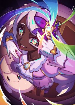 1girl absurdres ascot breasts clefable closed_mouth dark-skinned_female dark_skin dress fascinator frilled_ascot frills gen_1_pokemon glove_bow gloves gold_ring hair_ornament highres jacinthe_(pokemon) juliet_sleeves long_hair long_sleeves looking_at_viewer low_drills mega_stone nebura_(neburaart) nintendo open_mouth pokemon pokemon_(creature) pokemon_legends:_z-a puffy_sleeves purple_dress purple_eyes purple_hair smile star_(symbol) star_in_eye symbol_in_eye very_dark_skin white_gloves