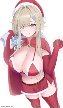 1girl absurdres bikini blonde_hair breasts brulee butterfly_hair_ornament cape cleavage commentary elbow_gloves gloves hair_ornament hat highres large_breasts phase_connect red_bikini red_cape red_gloves santa_bikini santa_costume santa_hat sidelocks skirt swimsuit symbol-only_commentary thighhighs thighs virtual_youtuber white_background wilhelmina_frost
