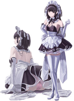 1girl alternate_costume ass backless_dress backless_outfit bare_shoulders black_dress black_hair black_ribbon boots breasts brown_eyes cleavage commentary_request detached_collar dress elbow_gloves enmaided gloves highres idolmaster idolmaster_shiny_colors itou_tatsuya layered_skirt looking_at_viewer maid maid_headdress mayuzumi_fuyuko multiple_views panties pink_panties ribbon simple_background skirt strapless strapless_dress thigh_boots underwear white_background white_boots white_gloves